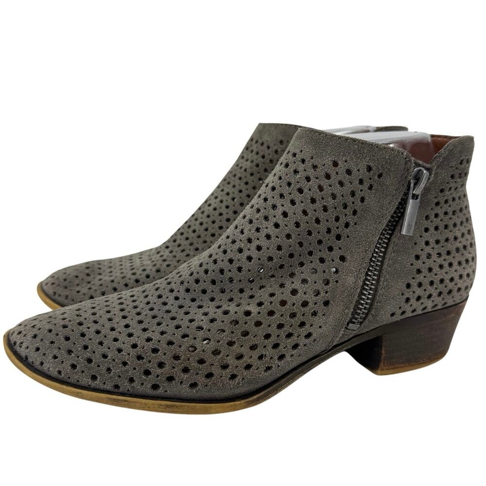 Lucky Brand Basel Suede Ankle Boots Gray Perforated Side Zip Bootie Size 7.5